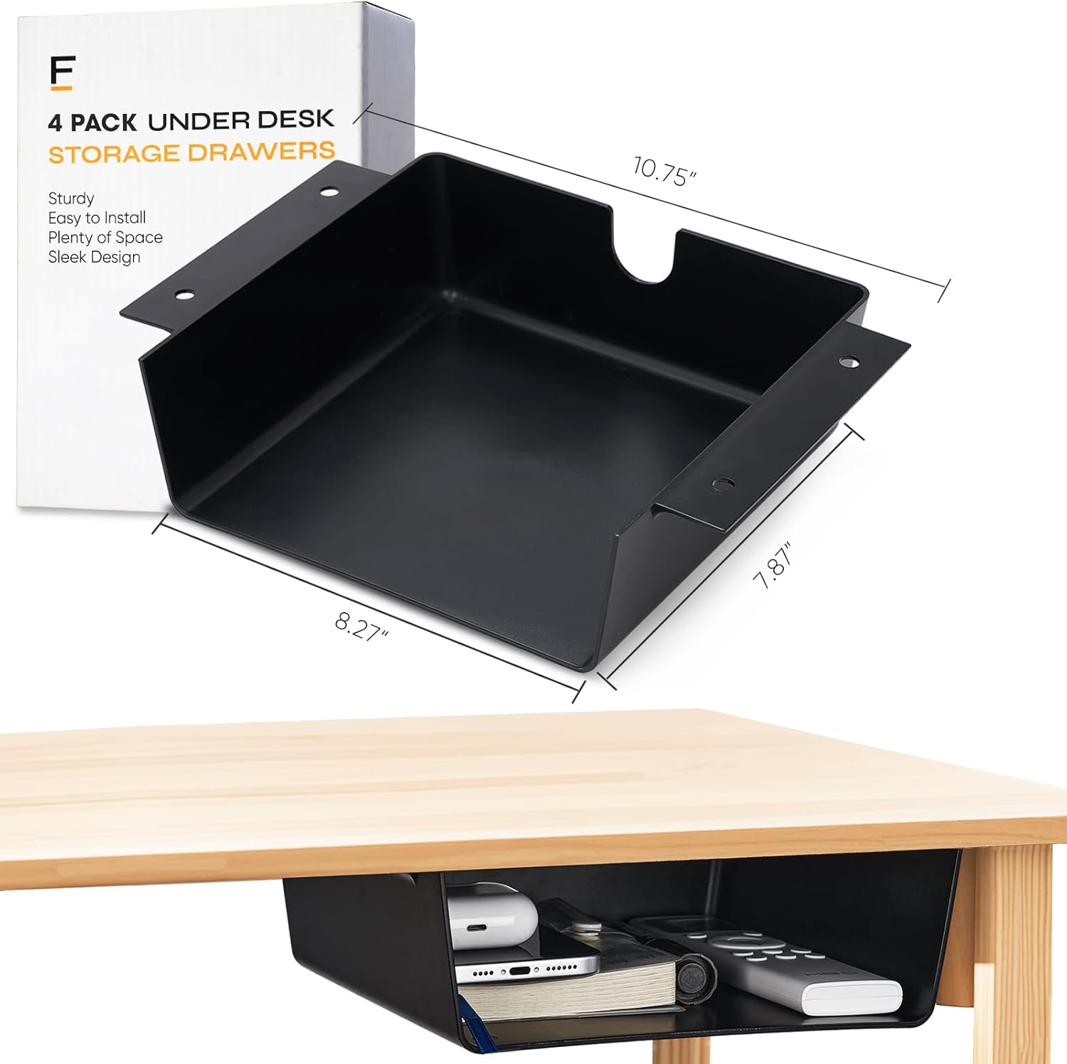 4 Pack Under Desk Hanging Shelf Drawer Organizer, Attachable Plastic Hidden Storage Tray, Easy Adhesive Mount Holder for Standing Tables, Office, Counters, Cabinets, Workstations - Black