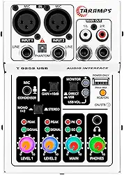 Interface de Audio Stereo USB Taramps T0202 Branca Led RGB Gamer Streaming Podcasts Live Gravação Studio Computador PC Notebook Placa De Som Alinhamento Phantom Power RCA XLR P2 P10