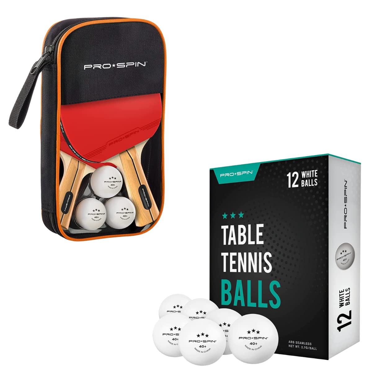 PRO SPINPing Pong Paddles 2-Player Set & White Ping Pong Balls (12) Bundle | High-Performance Set with Premium Table Tennis Rackets | 3-Star Ping Pong Balls |Compact Storage Case | Easy Travel