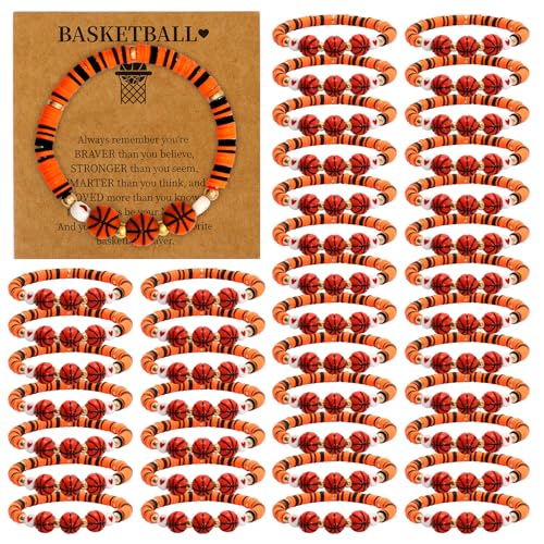 40 Set Basketball Bracelets with Inspirational Card Stretch Stackable Clay Beaded Sports Theme Charm Bracelets Handmade Basketball Party Favors Beaded Jewelry for Women Men Sports Team Jewelry Gift