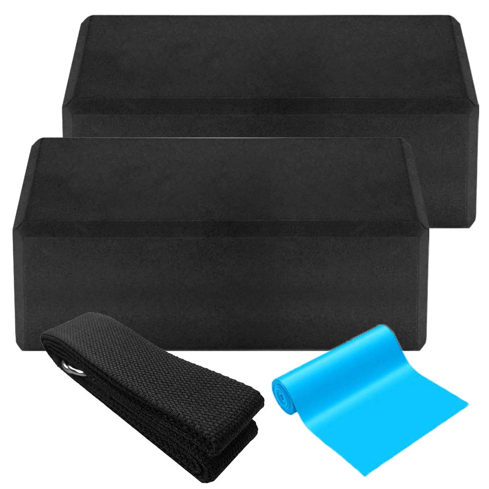 Vongsky 2 pcs Yoga Block 1pcs Cotton Yoga Strap 1pcs Flat Resistance Band, EVA Foam Soft Non-Slip Stability Blocks Yoga Strap Set for Yoga Pilates Exercise Fitness Sport