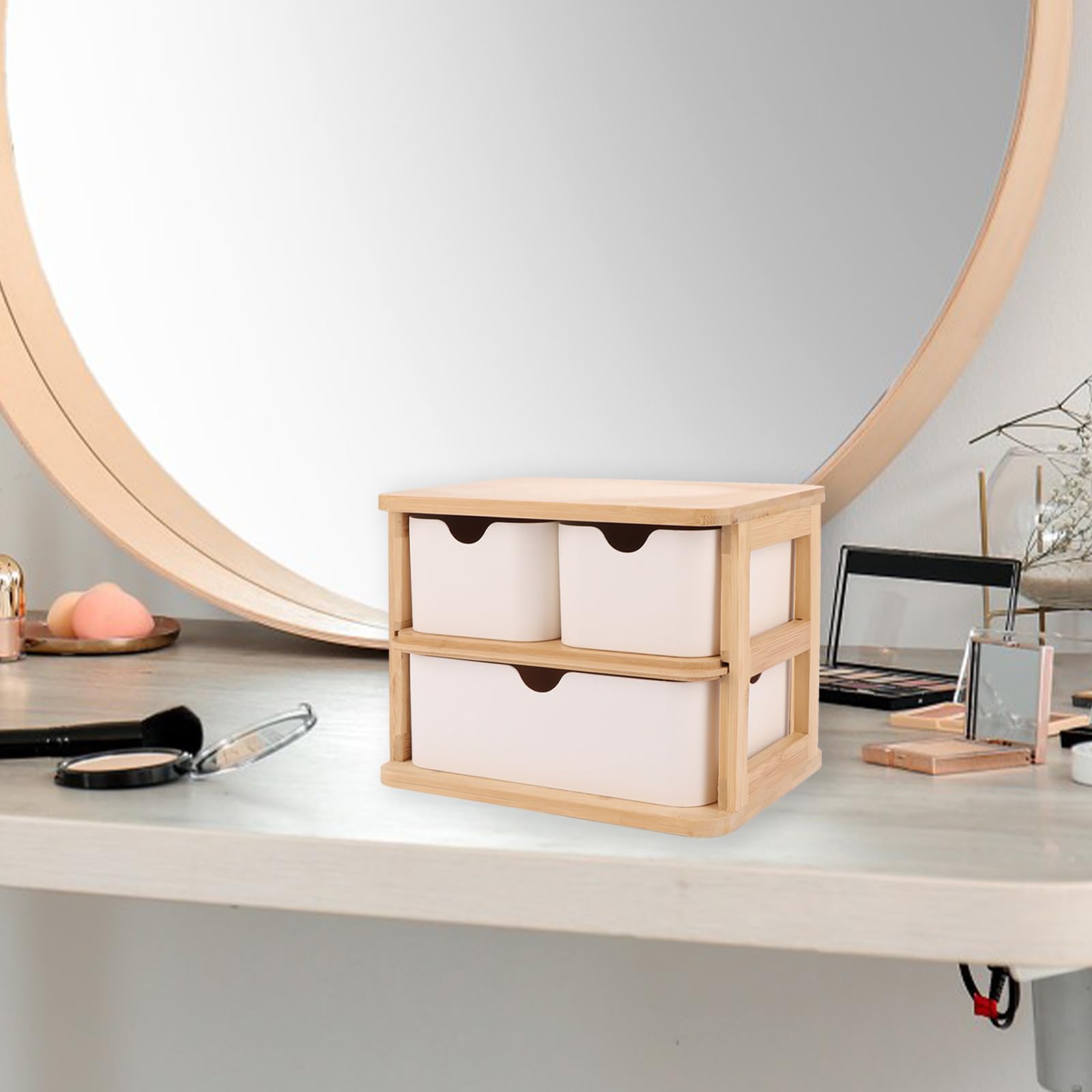 Boîte de Rangement en Bois avec Tiroirs, Boîte Rangement Maquillage Tiroir, Rangement Bureau, Tiroir Rangement Bois, 3 Tiroirs pour Maquillage, Bureau, Maison, École (20x15x15 cm)