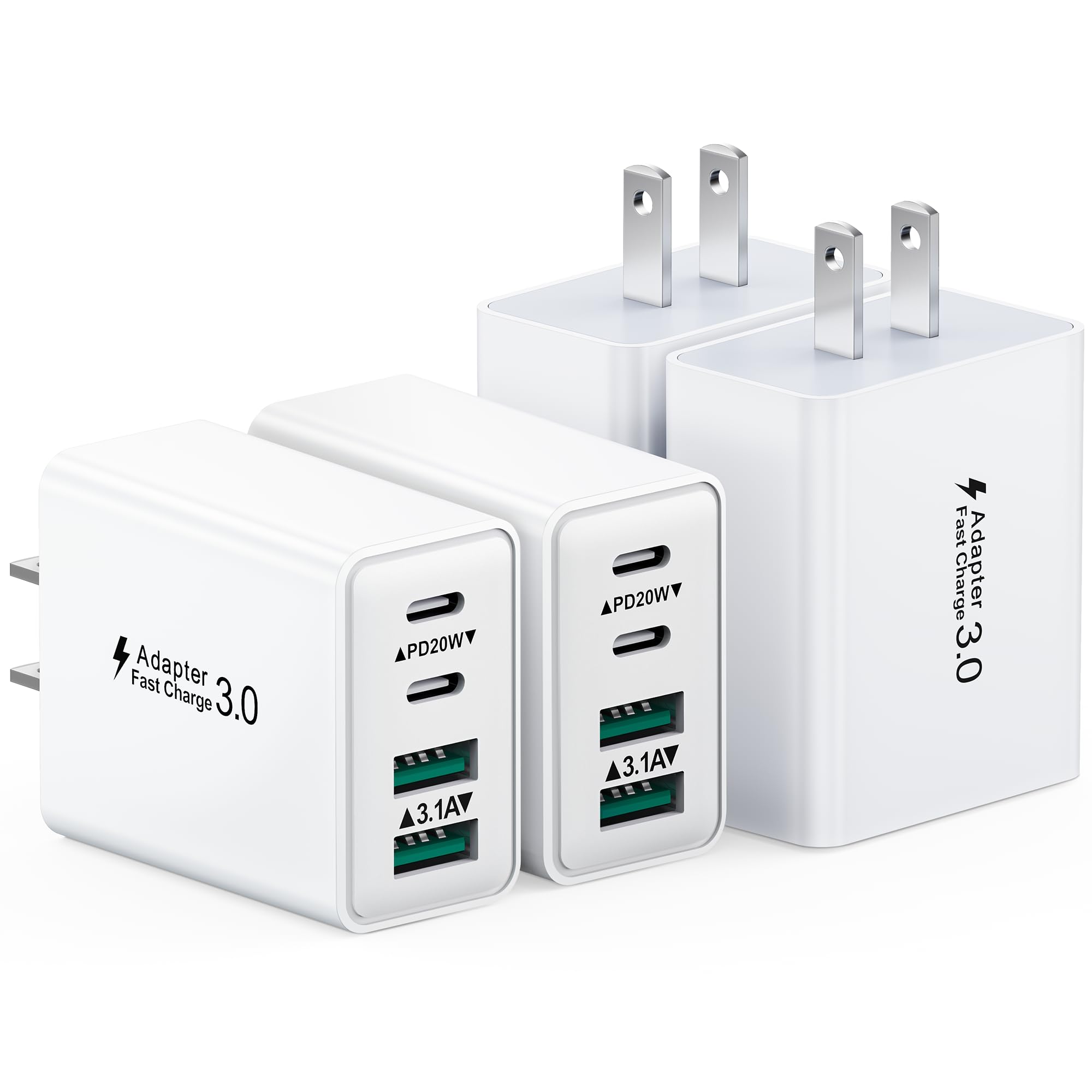 USB C Charger Block, 4-Pack 40W 4 Ports Fast Charging Block Dual PD Power Adapter +QC 3.0 Wall Charger Plug Multiport Type C Cubes Box for iPhone 16 15 14 13 12 11 Pro Max Plus, iPad, Samsung
