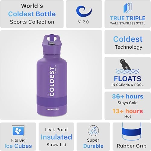 Miniatura 4 de Coldest - Botella de agua deportiva con tapa con popote y asa, a prueba de fugas, acero inoxidable con aislamiento al vacío de doble pared, metal,