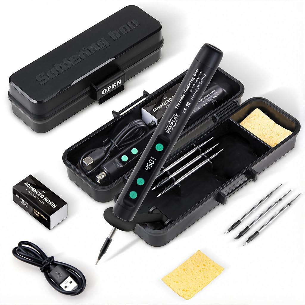Serplex® 15W Handheld Soldering Iron Tool Kit with 3 Bits & Storage Box, USB Cordless Rechargeable Soldering Iron Pen 180-450° C Adjustable Soldering Iron Kit for Electronics Repairing-Black