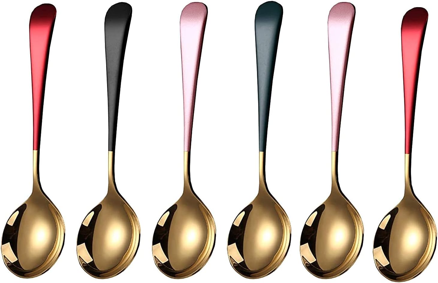 Set of 6 Golden 304 Stainless Steel Spoons – Round Head with Thick Handle, 7.2 in – Ideal for Soup, Dessert, Fruits, Milk Tea & Coffee - Image 1 of 5