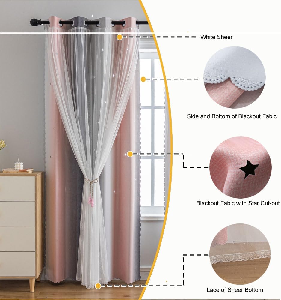 Ombre Rainbow Blackout Curtains for Girl and Kids Bedroom Double Layer with Sheer Overlay Fancy Unicorn Colorful Boho Farmhouse Lace Princess Star Cut Out Curtain (Pink Grey35W x 84L)