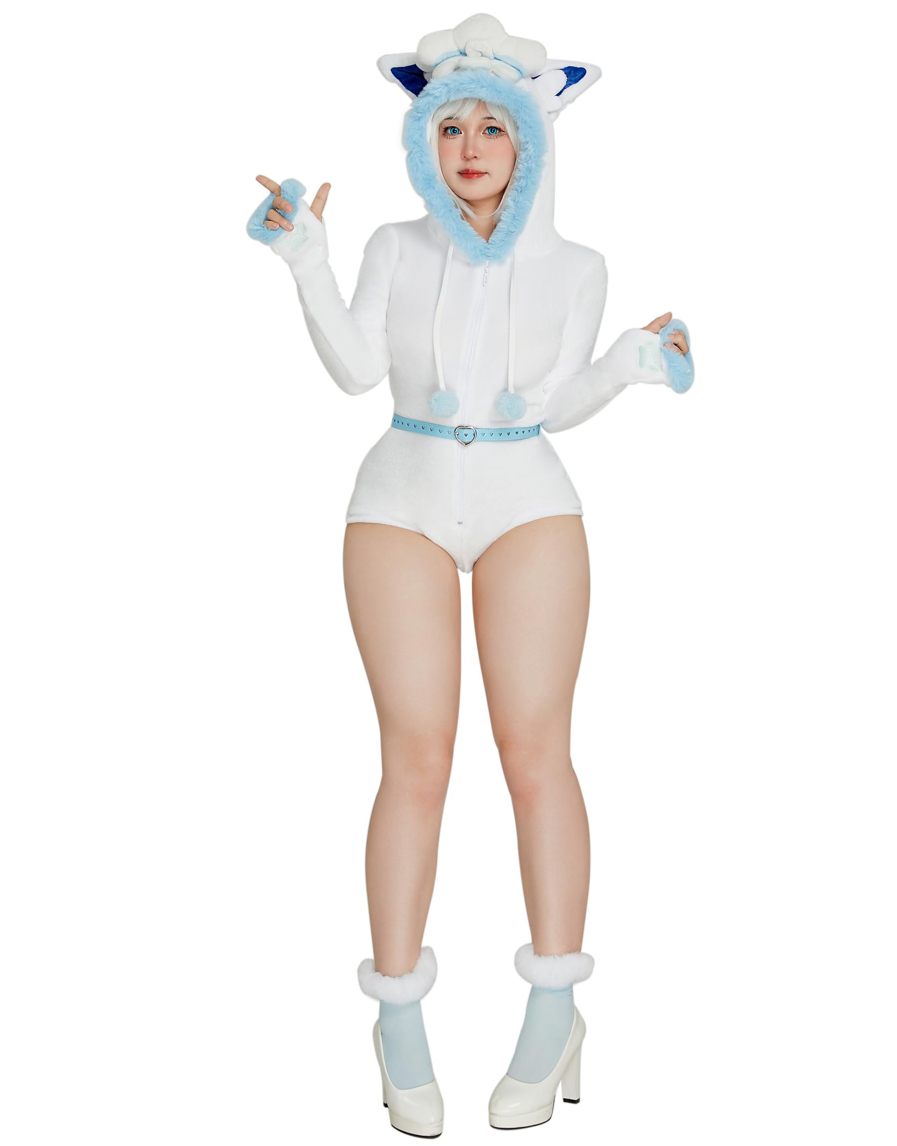 Mobbunny Women's Anime Cosplay Costume Fluffy Romper Onesie Pajamas White Blue Furry Hooded Bodysuit Bodycon Sleepwear: Small White