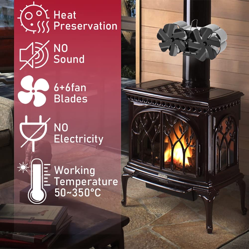Ventilador Estufa Leña 12 Palas, Ventilador para Chimenea de aspas con Doble Motor,Ventilador para Estufa de leña,Ventilador Calor, para Estufa de Gas/Pellet/Madera/Quemador de leña