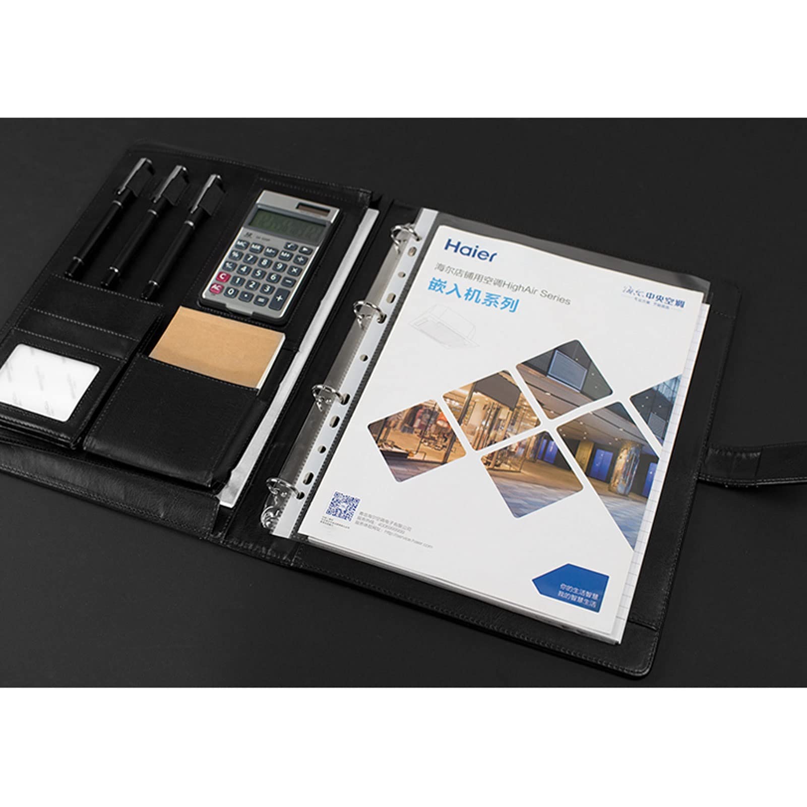 Porte Documents A4 Padfolio Portefeuille Dossier De Conférence Multifonctionnel Business Executive avec Poche pour Document pour Femmes Hommes (Color : Black)