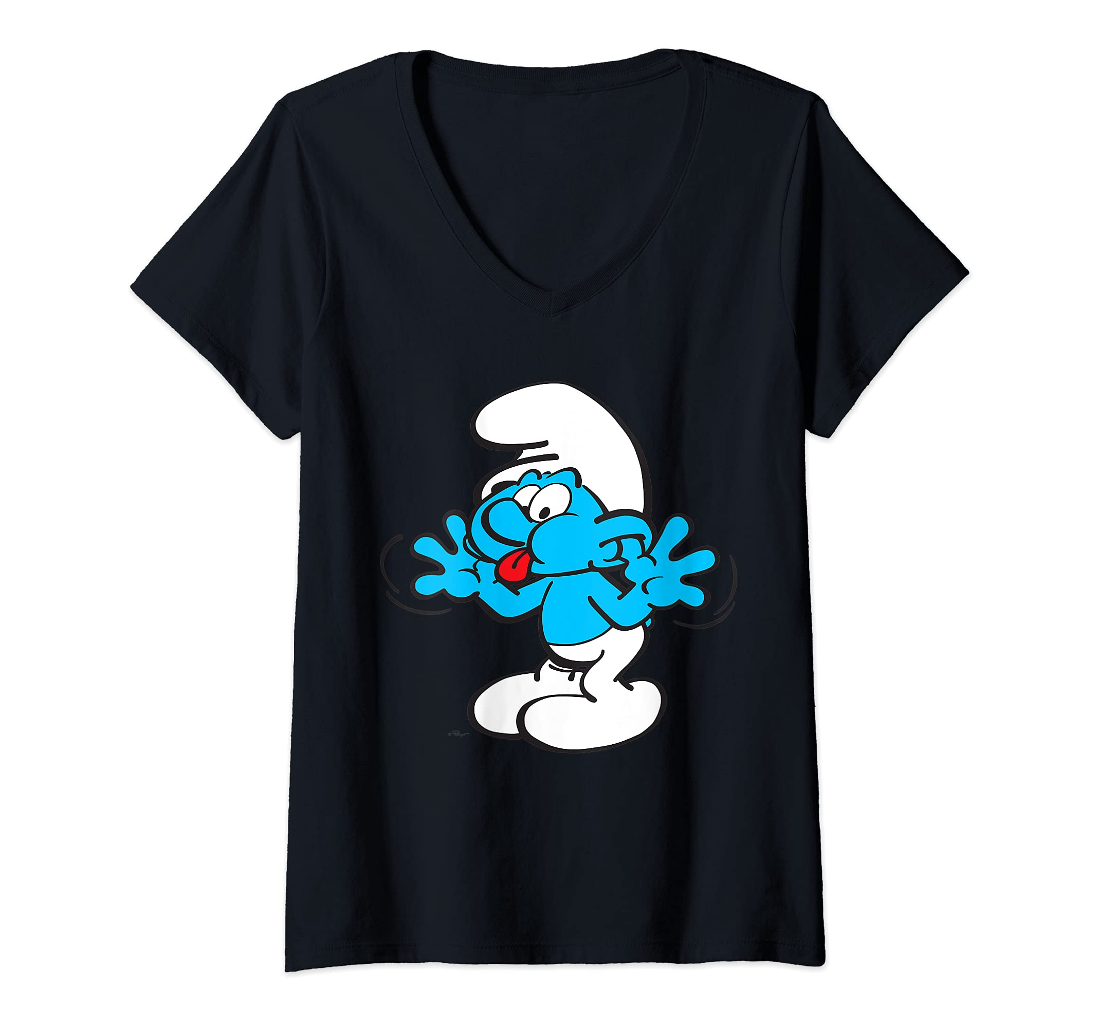 Womens The Smurfs Jokey Smurf Tongue Joyful Blue Comic Smurfette V-Neck T-Shirt