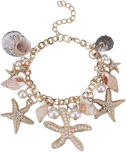 PH PandaHall Pulseras de concha de estrella de mar, pulsera de perlas de imitación de concha de estrella de mar, pulsera bohemia ajustable de concha