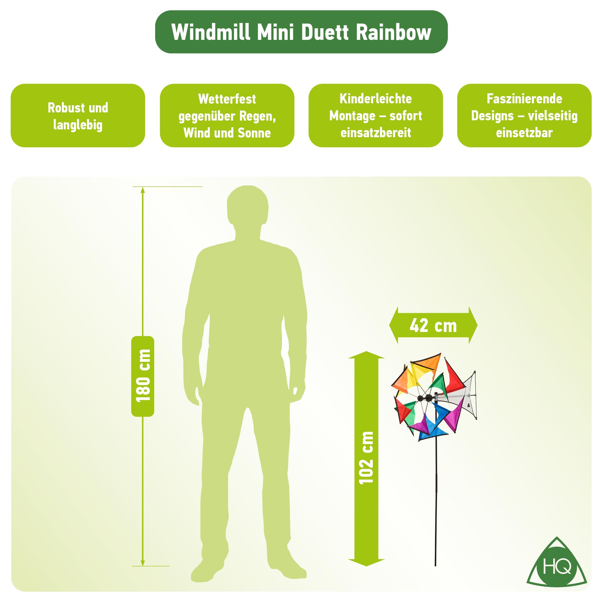HQ Design Windspiration - Windmill, UV-beständige und wetterfeste Windspiel Deko für Garten, Terrasse und Balkon, Windrad inkl. Standstab (Mini Duett)