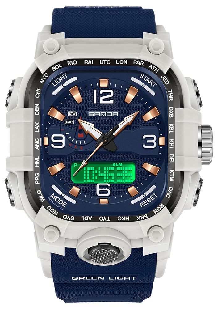 FANMIS Orologio sportivo da uomo, digitale, analogico, resistente all'acqua fino a 5 ATM, orologio da polso per esterni, multifunzione, orologio militare con display luminoso, conto alla rovescia