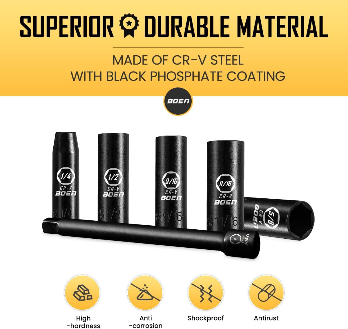 BOEN 3/8" Drive Deep Impact Socket Set, 15 Piece SAE Socket Set 1/4" to 1", Includes 3", 6" Extension Bars, 6 Point Design, Cr-V Steel, Heavy Duty Storage Case
