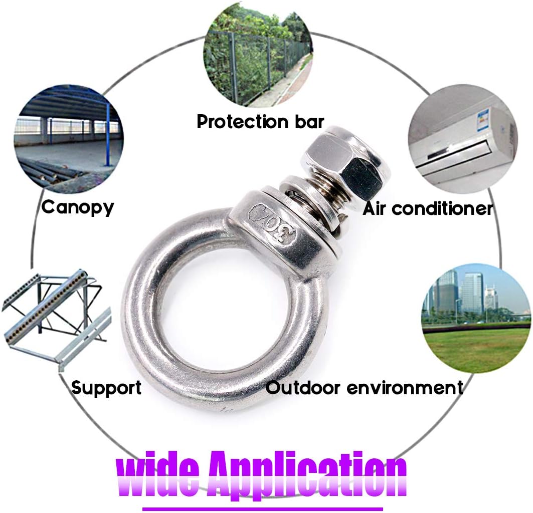 8Pcs 304 Stainless Steel M16 Male Thread Lifting Ring Eye Bolt Kit, Including 2Pcs M16 Eye Bolt with 2Pcs Lock Nuts, 2Pcs Lock Washers and 2Pcs Flat Washers