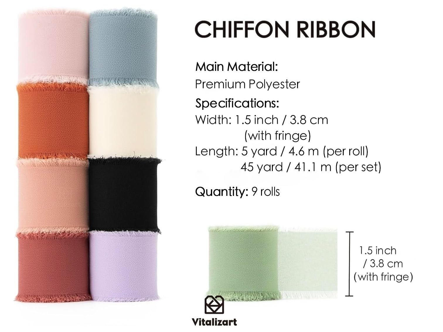 Vitalizart Chiffon-Seidenband, 3,8 cm x 42,7 m, gemischte Farben, 4,5 m x 9 Rollen, Fransenstoff für Hochzeit, Brautsträuße, Party-Dekorationen, Geschenkverpackungen, Schleifen