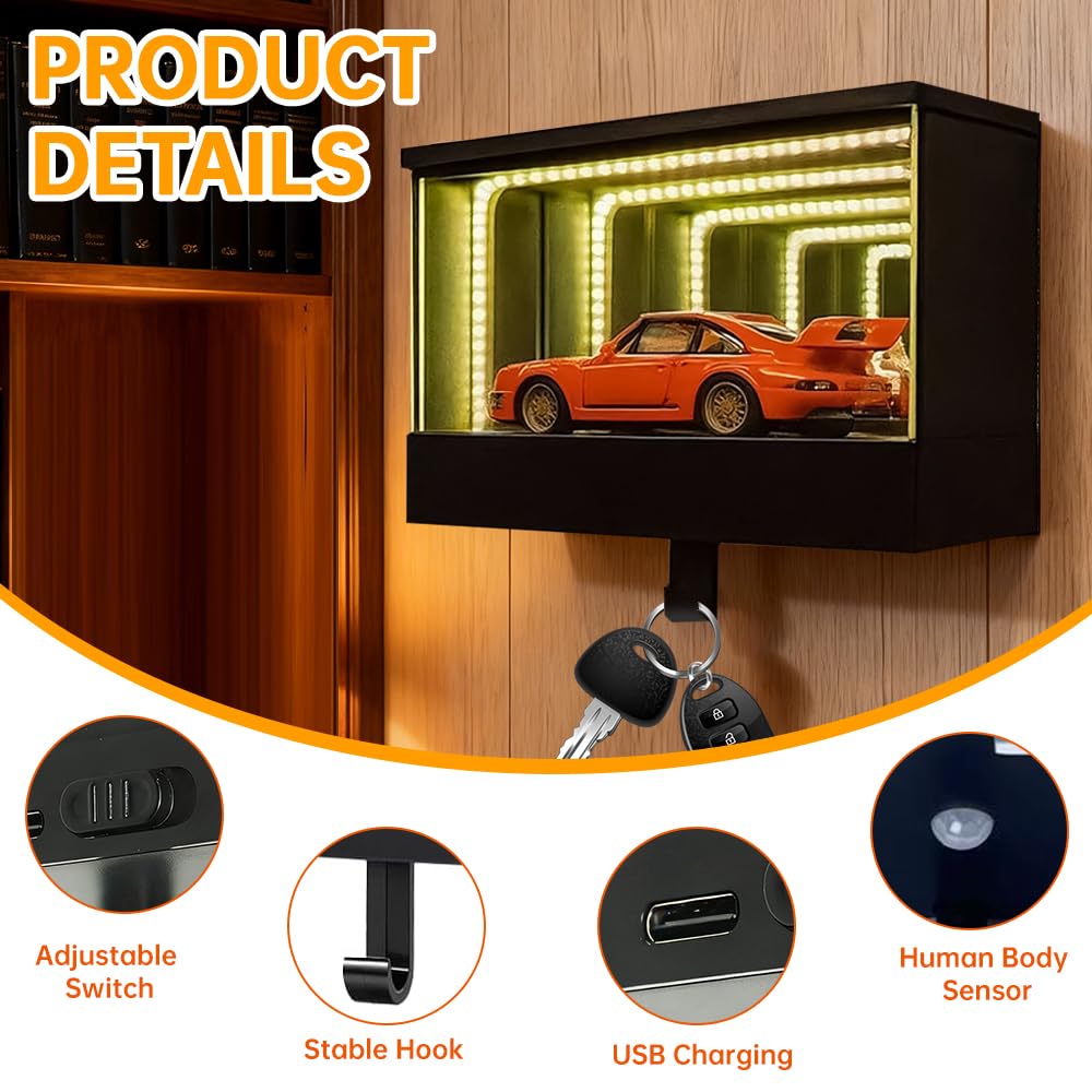Infinity Garage Portachiavi con funzione di ricarica USB, con luce LED, portachiavi con sensore di movimento, display chiave auto, regalo decorativo per gli amanti delle auto