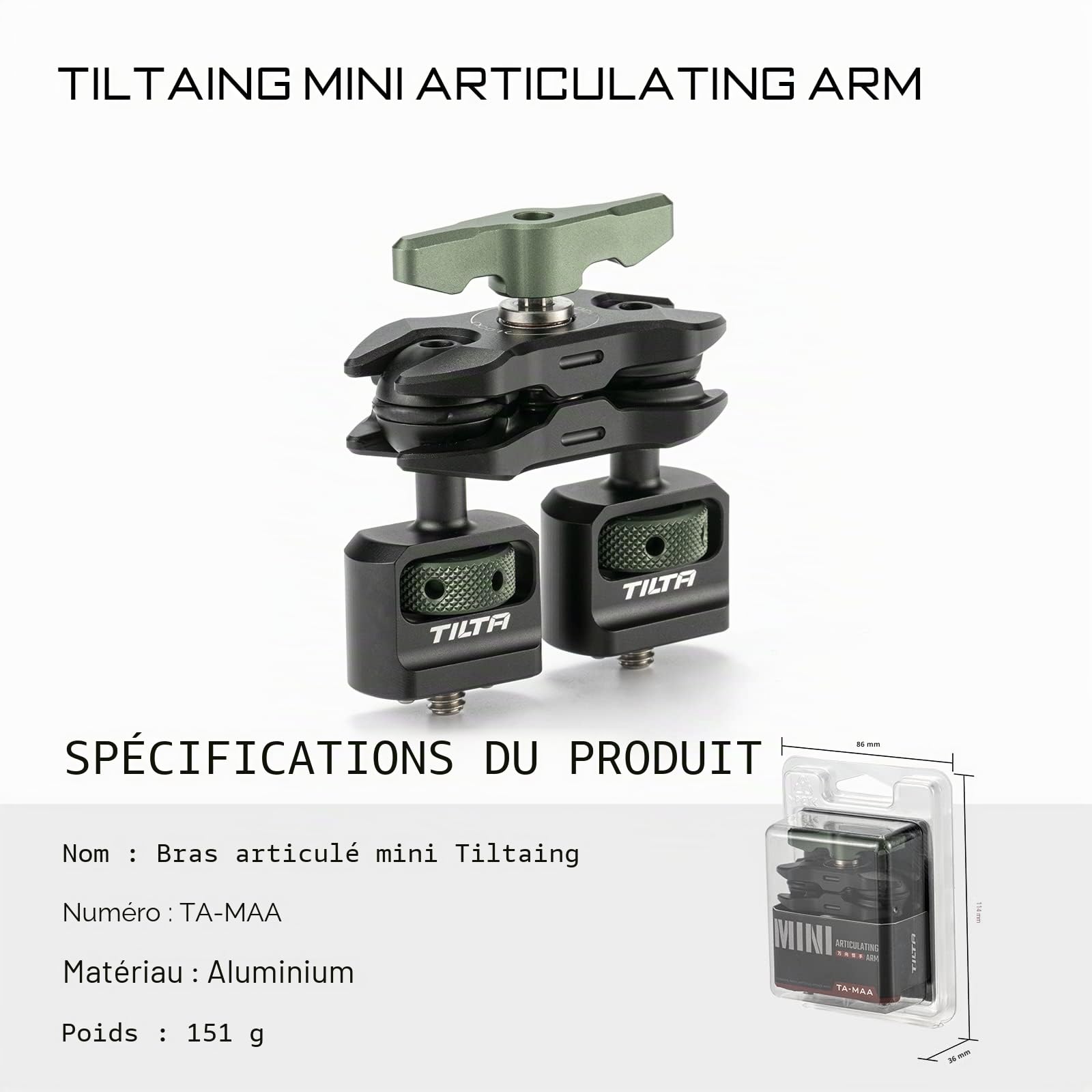 Tilta Mini Bras articulé Bras Magique Support de caméra Ajustable avec vis 1/4"-20 Dual Ball Heads pour caméra, Moniteur, viseur électronique, lumière LED, Microphones, enregistreur TA-MAA