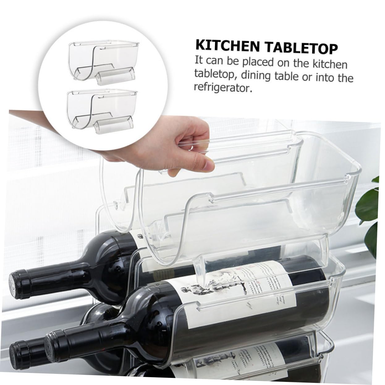 2 estantes apilables para vino, contenedor de almacenamiento transparente para botellas de vino, bebidas y agua, ahorro de espacio para el hogar, bar, oficina y comedor