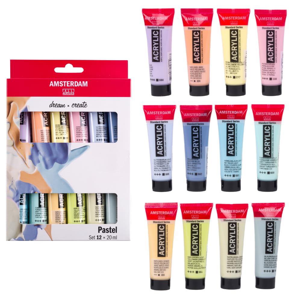 Amsterdam Acrylfarben Set Komplett mit 12 x 20 ml Pastellfarben, 5 x 120 ml Grundfarben & 250 ml Titanweiß – Profi Malset für Künstler & Anfänger