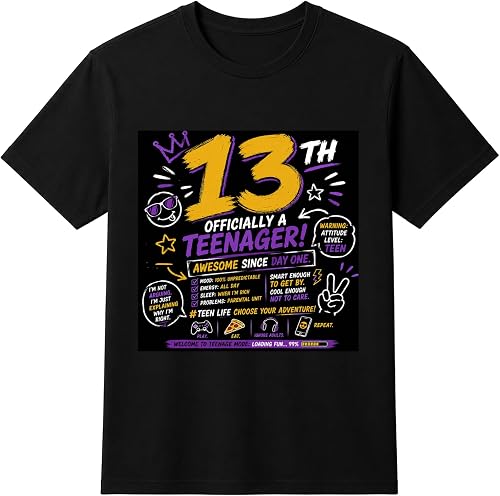 Generic 13th Birthday Funny Slogan T-Shirt, Black, 100% Cotton, Unisex, Short Sleeve, Crew Neck, Regular Fit, Officially a Teenager Design, DTF Print