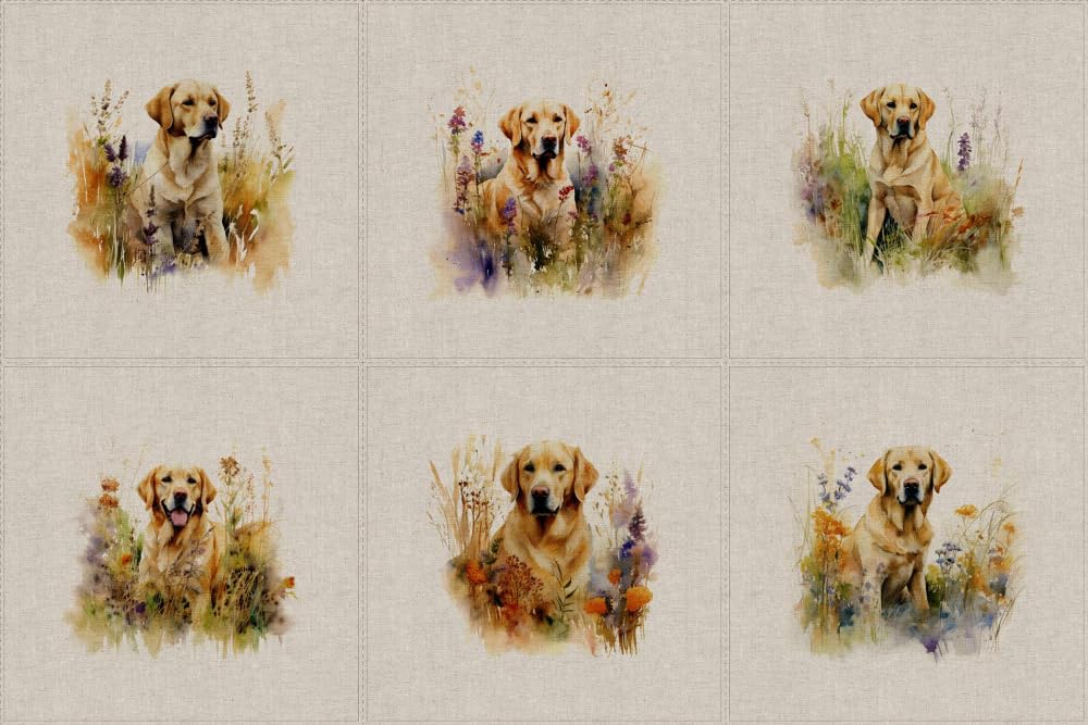 Cotton Rich Linen Look Fabric Yellow Labrador Retriever Dog Upholstery Panel (Sold Per Panel of 6)