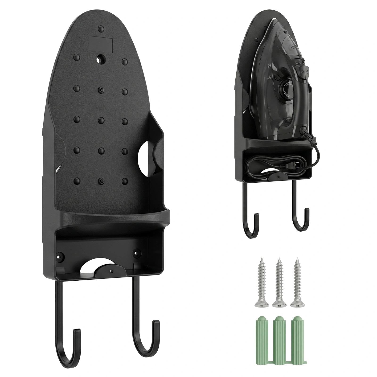 EVTHUR Iron Holder Wall Mount & Ironing Board Hanger, Space Saving Iron Storage Rack with Stainless Steel Screws, Universal Irons Wall Mount Organizer for Laundry Room and Bathroom (Black 300x225mm)