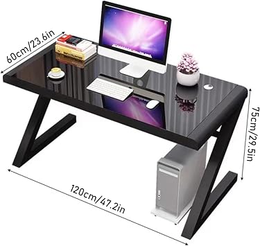 Tempered Glass Computer Desk Modern Design Student Writing Desk Study Desk Home Office Desk Gaming Desk Personal Workstation with Z-Shaped Metal Frame(47 Inch, White)