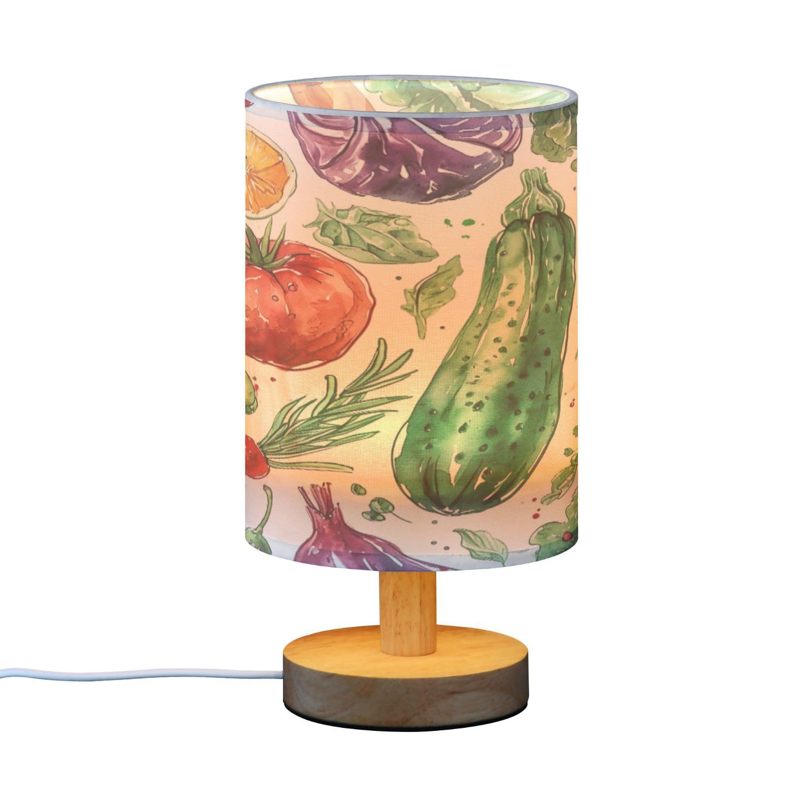 SDMKA Watercolor Vegetables Bedside Table Lamp for Bedroom, Minimalist Nightstand Lamp with Round Fabric Shade for Living Room, Office, No Bulb Required