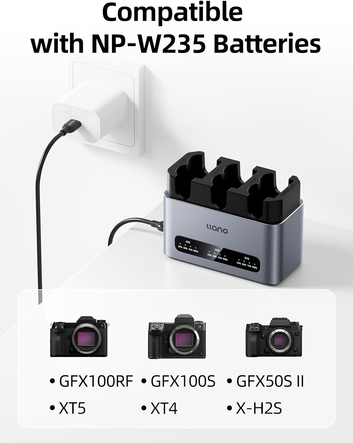 llano 30W NP-W235 Three Slot Fast Charger for Fujifilm XT5, XT4, VG-XT4, XS20, GFX50S II, GFX100S, XH2, XH2S, Durable CNC Aluminum, LED Display, USB-C Charging - Image 5