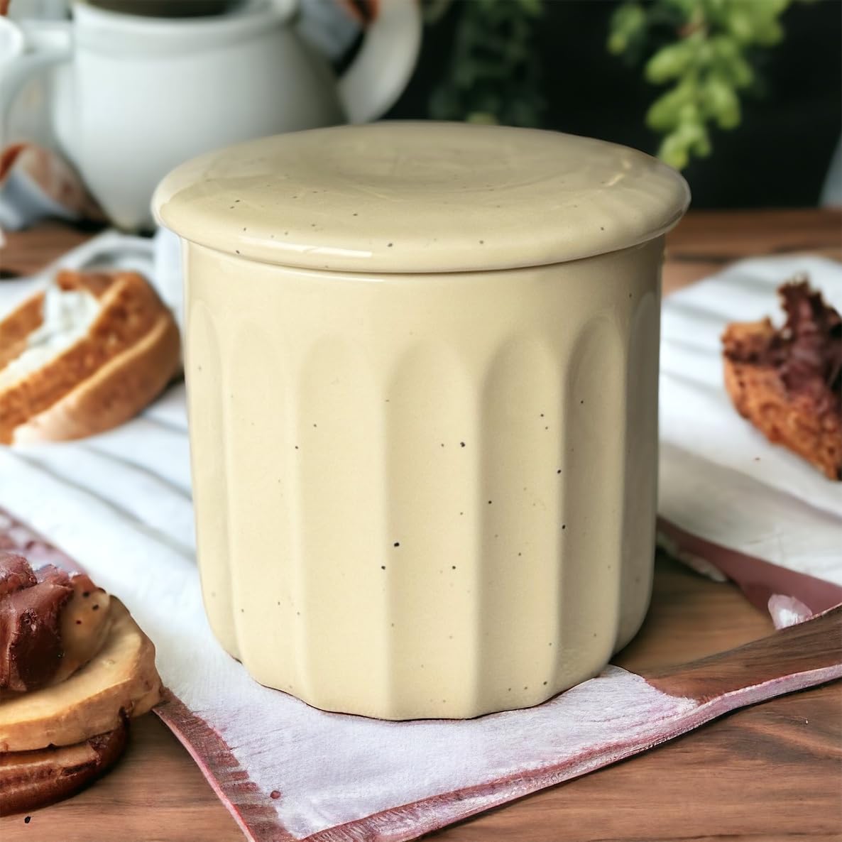 Fluted French Butter Keeper with Water Line, French Butter Crock, French Butter Dish with lid for Countertop, French Butter Container Bell with Water Line