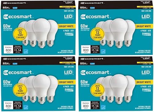 Ecosmart Bombilla LED de 60 vatios equivalente a A19 regulable Energy Star LED blanco brillante (3000 K) (16 unidades)