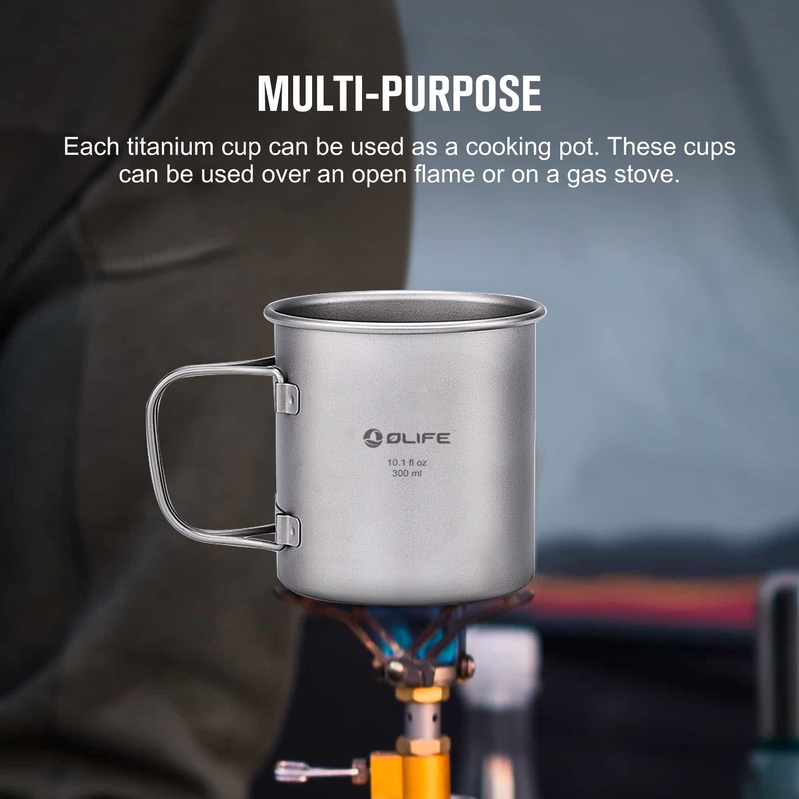 OLIFE Tasse de camping en titane avec couvercle, poignée pliable, sac à dos, tasse portable ultra légère pour camping, voyage, randonnée, extérieur et utilisation quotidienne (300ml)