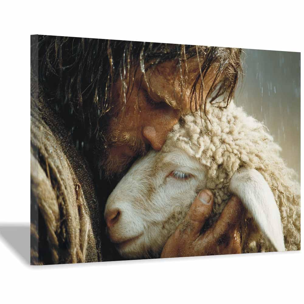 ZAMAEIU Jesus Picture Poster Holy Embracing the Lamb Christ Canvas Painting Wall Art Print,for Living Room,bedroom Apartment office corridor Decor(black0)-80x120cm Framed