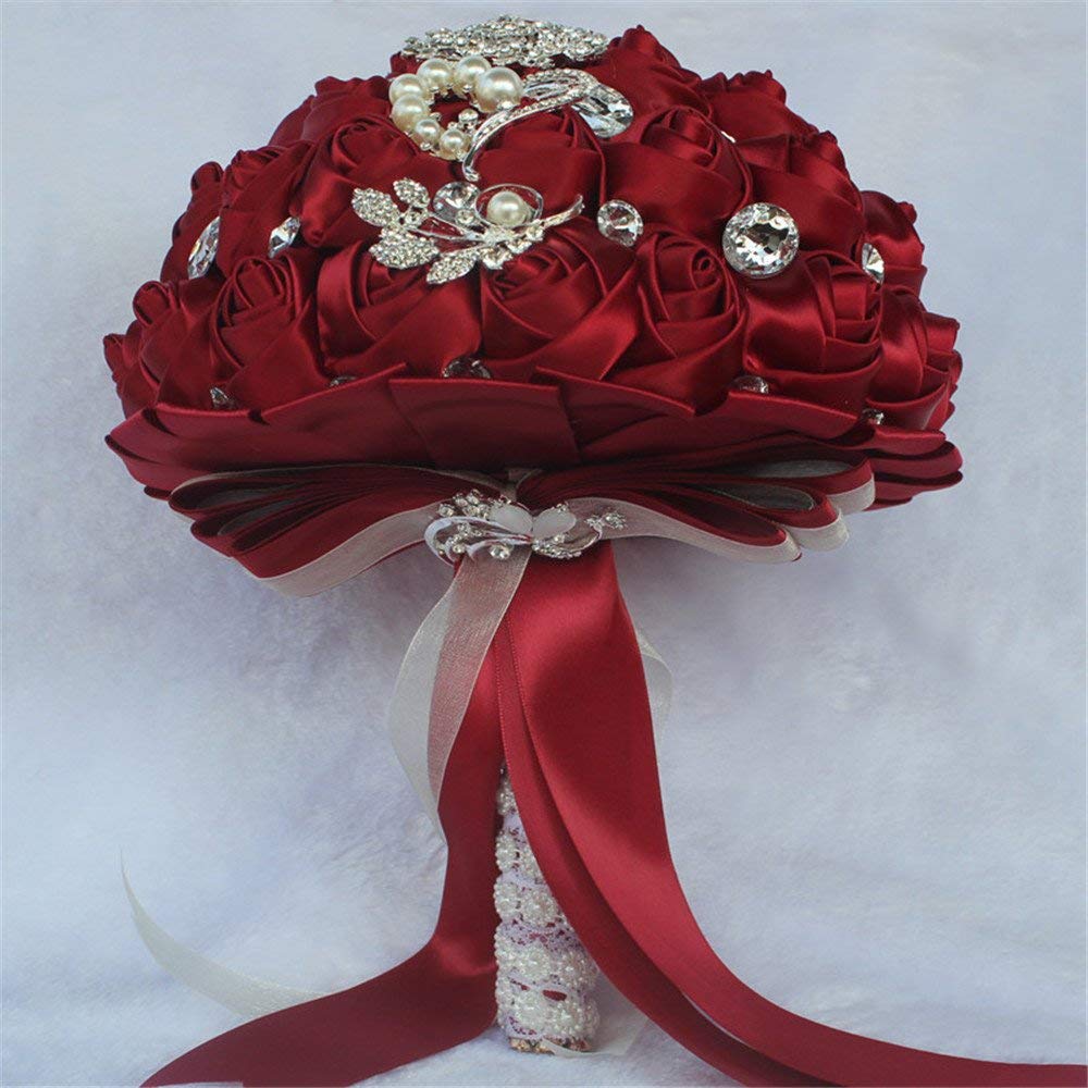 Bouquet de Mariée Mariage Broche Rose Satin Fleur avec Ruban Cristal Strass Decoration Mariage Maison Fête Soirée (Bourgogne)