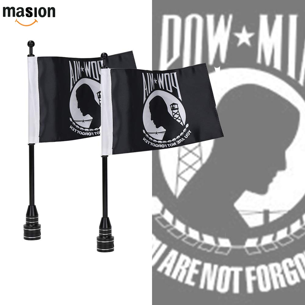 2 Pcs Motorcycle Flag Black Flagpole Mount POW MIA Flag - You are Not Forgotten for Harley Davidson Yamaha Honda Goldwing CB VTX CBR 1/2 Luggage Rack Motorcycle Flagpole Mount 6" x 10" Flag