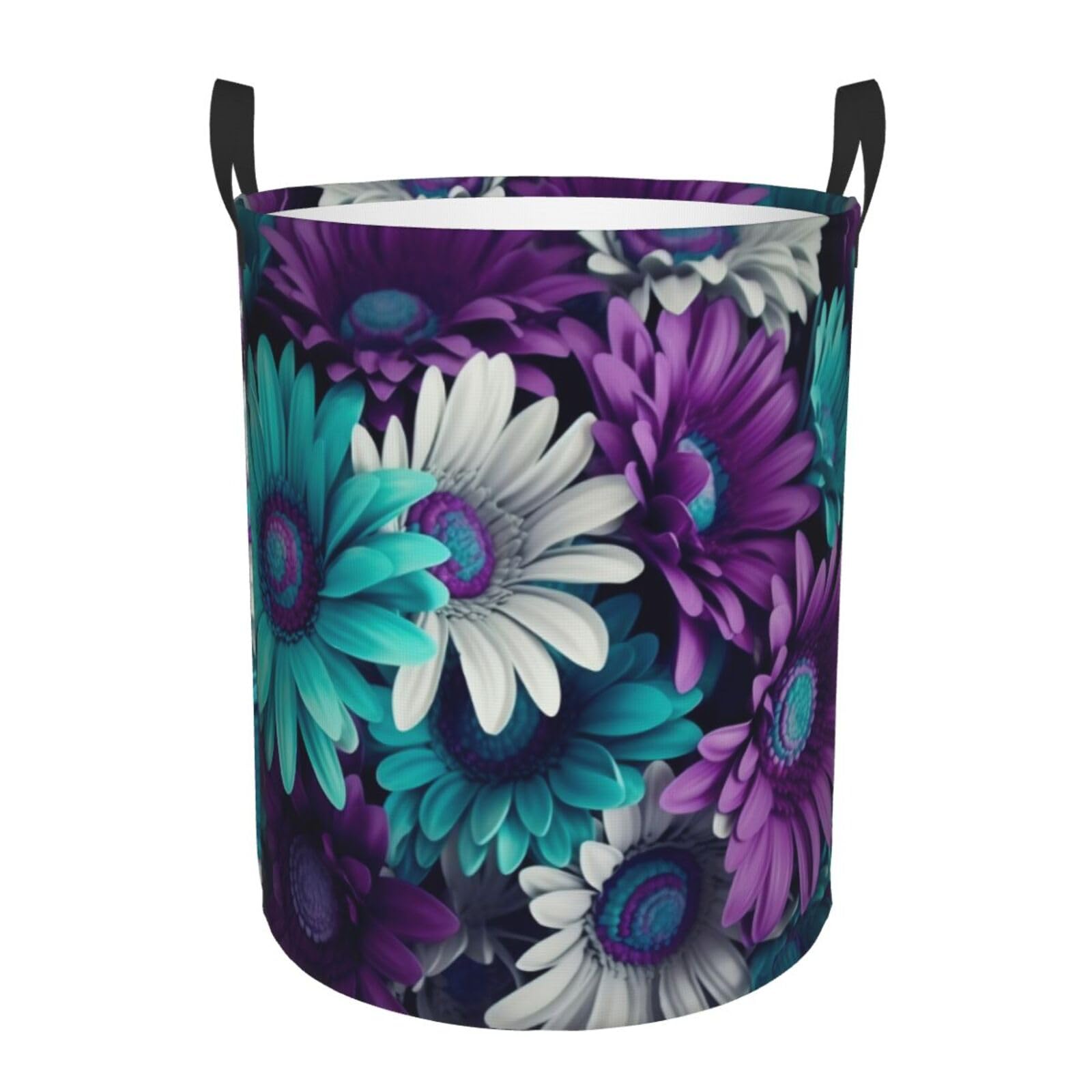Purple And Teal Flowers - Circular Laundry Basket â€“ Waterproof, Lightweight, And Durability With Handles | Collapsible Laundry Hamper For Home Décor And Versatile Storage