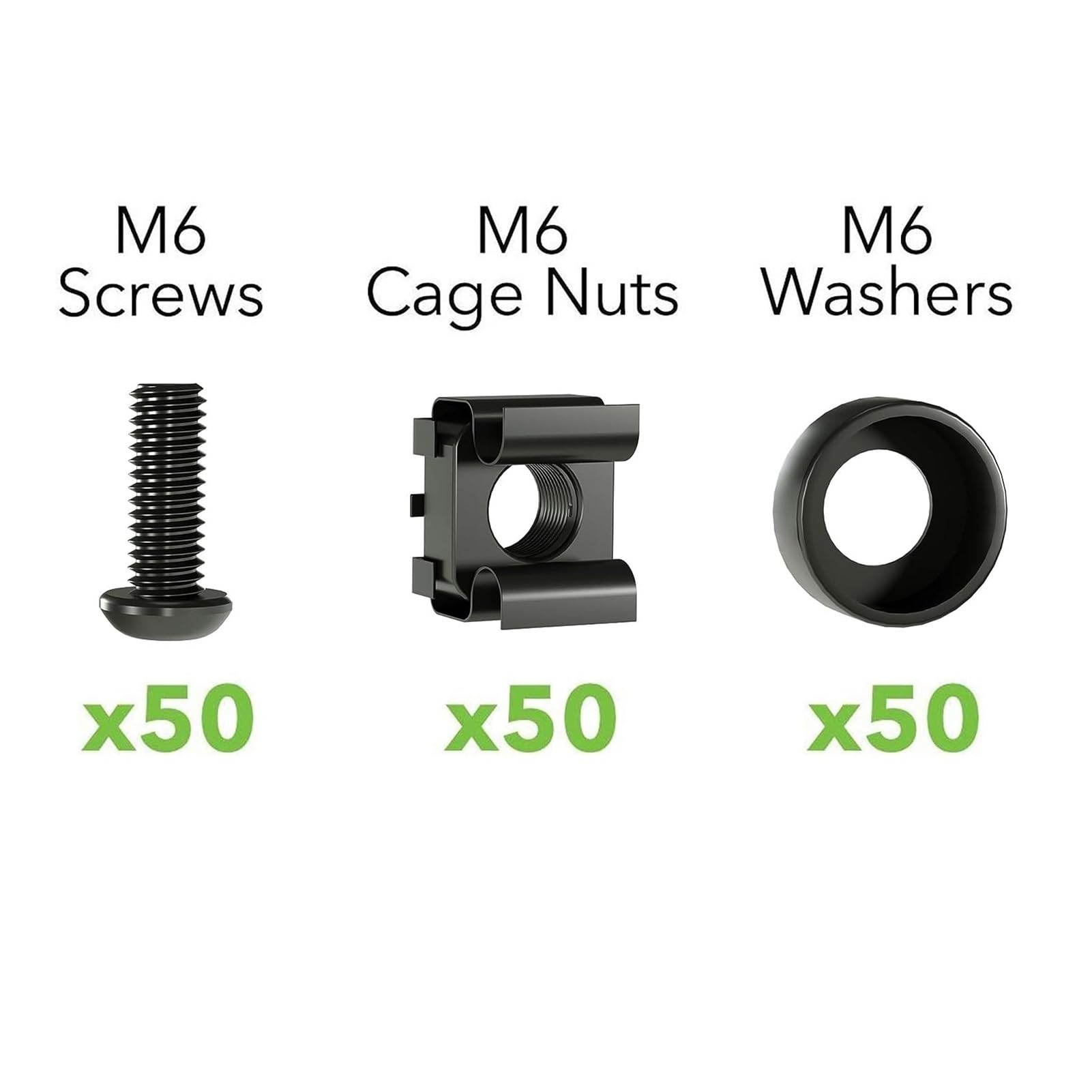 50 PACK M6 X 16mm Rack Mount Cage Nuts, Screws And Washers For Server Cabinet, Shelves, Routers(Black)