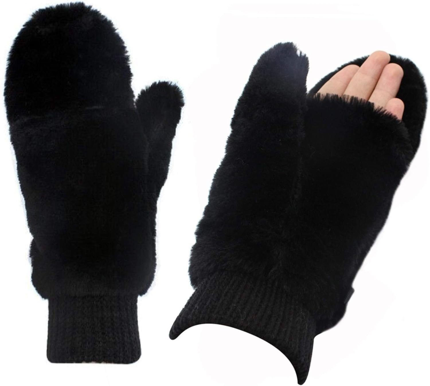 JUMISEE Women Winter Faux Fur Flip Cover Mittens Warm Soft Half Finger Fingerless Gloves