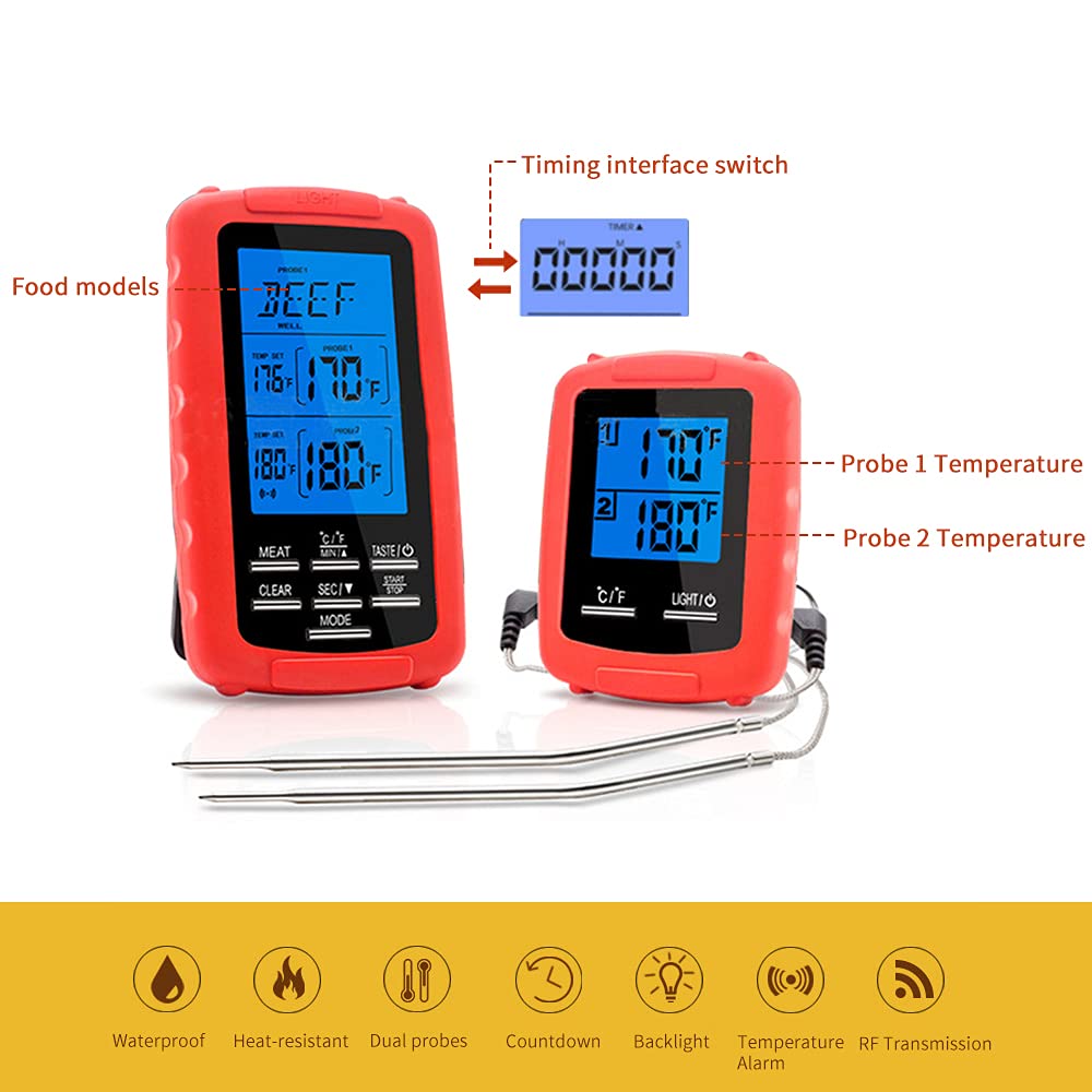 Domary Termometro per Carne Wireless a Doppia Sonda Ideale per Barbecue e Termometro Digitale Impermeabile Uso Esterno Rosso e Grigio 2 Pezzi