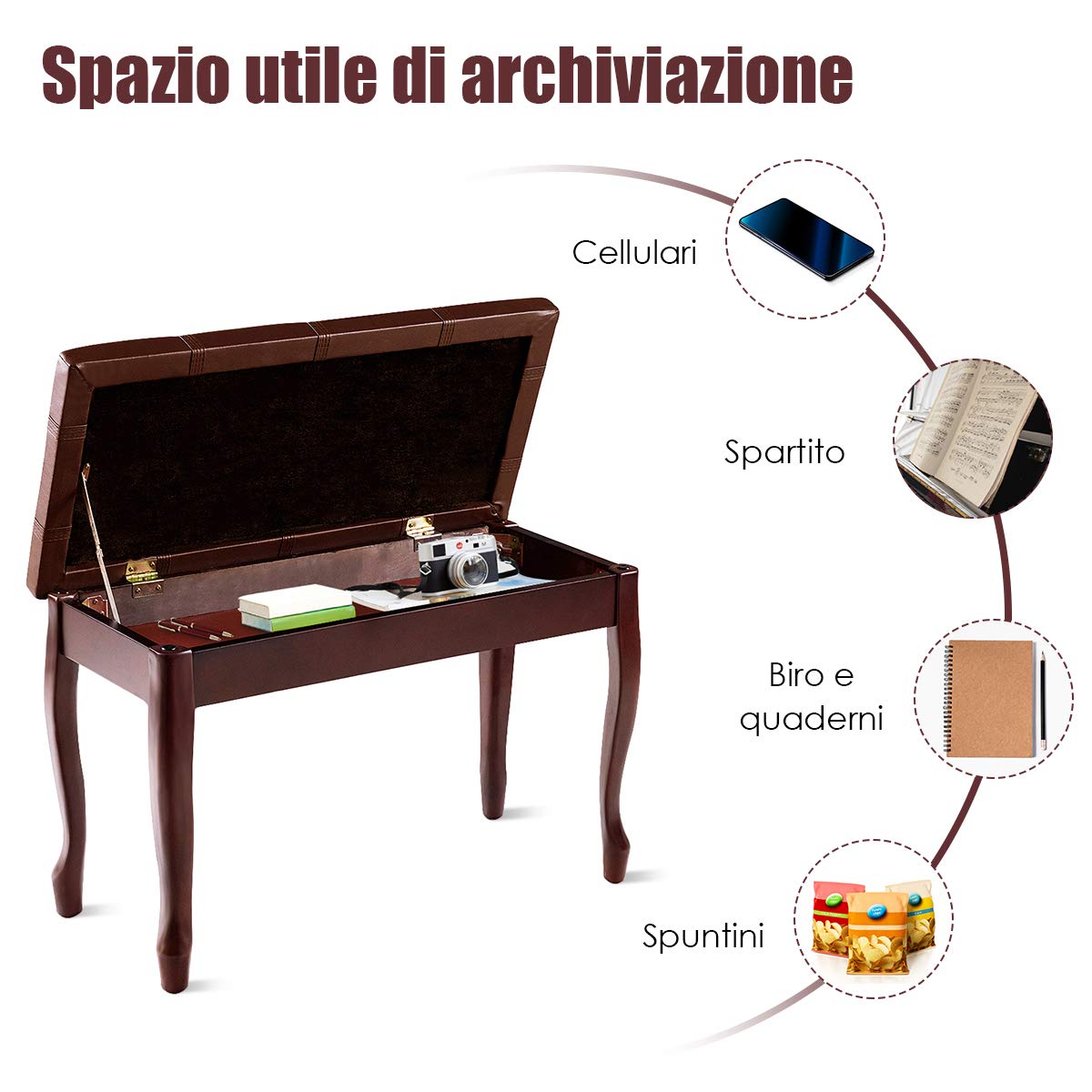 GOPLUS Panca Pianoforte con Contenitore, Sgabello con 2 Posti, Seduta Morbida e Traspirante, con 4 Gambe in Legno Massello, 75x35x49 cm (Marrone)
