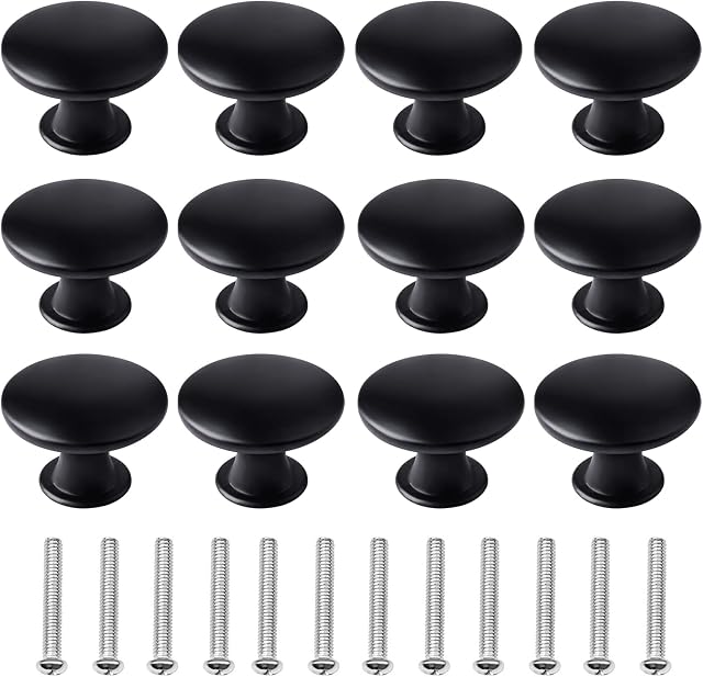 kuou 12 Pcs 30mm Black Cupboard Knobs, Kitchen Cupboard Handles Cabinet Door Knobs, Vintage Matted Round Drawers Cupboard with 12 Screws for Drawer Wardrobe Cupboard Door