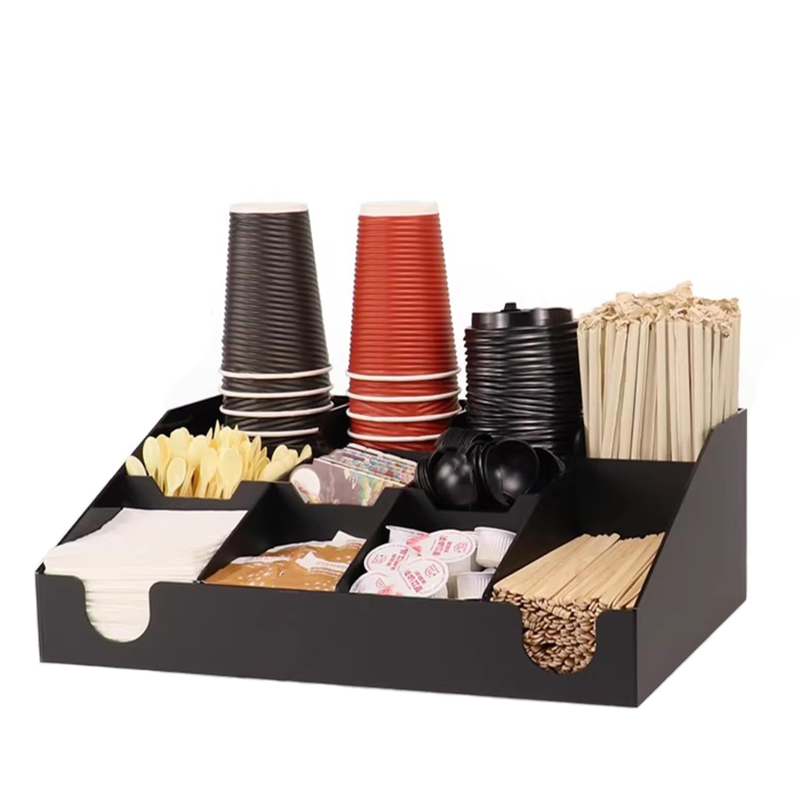 Organisateur à Café, Distributeur Sucre Thé Café Touillette Serviette, avec Range-Dosette et Porte-Gobelet - Maison Bureau Cafétéria,Black 04