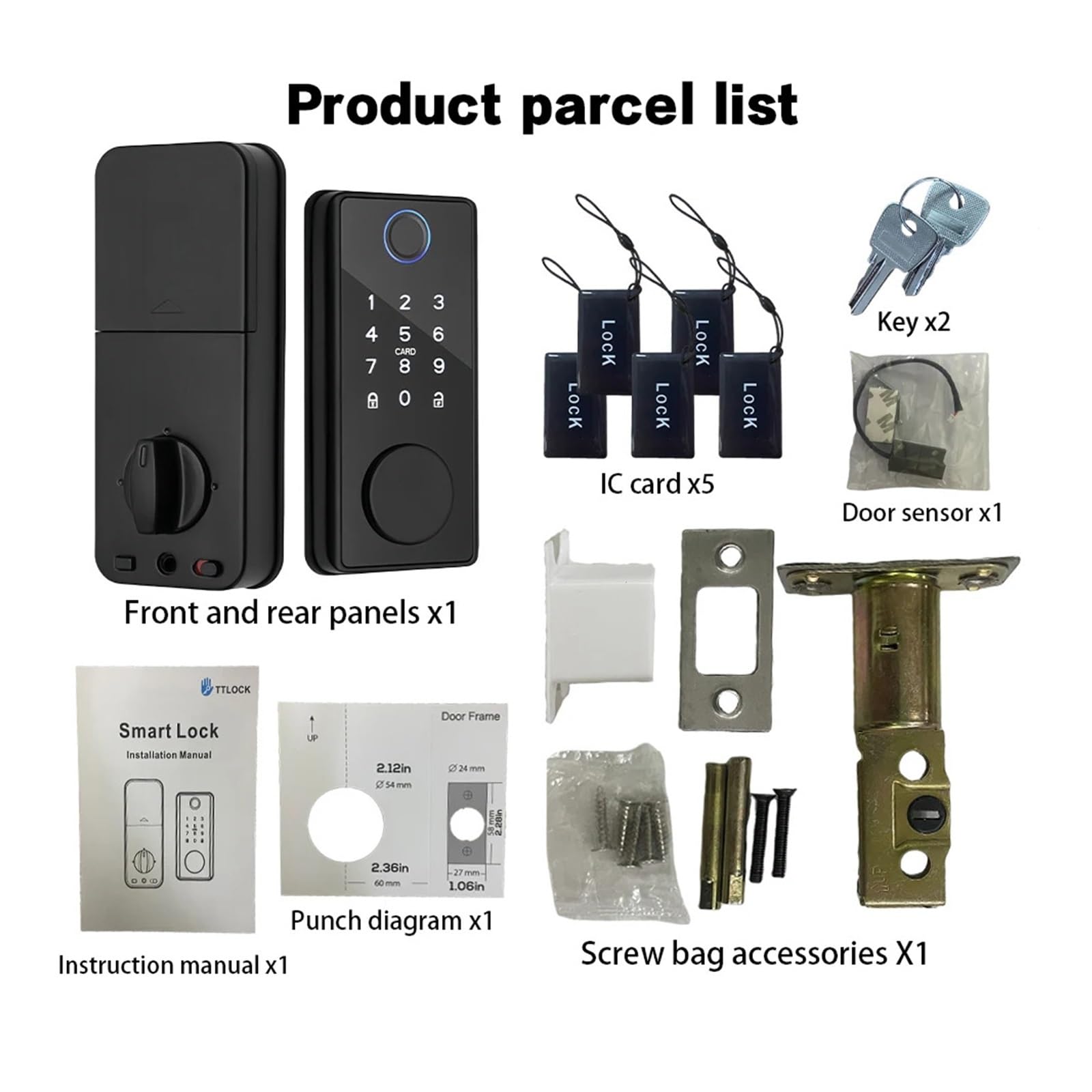 BLE TT Lock Smart Fingerabdruck-Riegelschloss mit Riegel/Türsensor, Auto-Lock-Schlüssel/Passwort/Karte/TT-Lock-App-Entsperrung