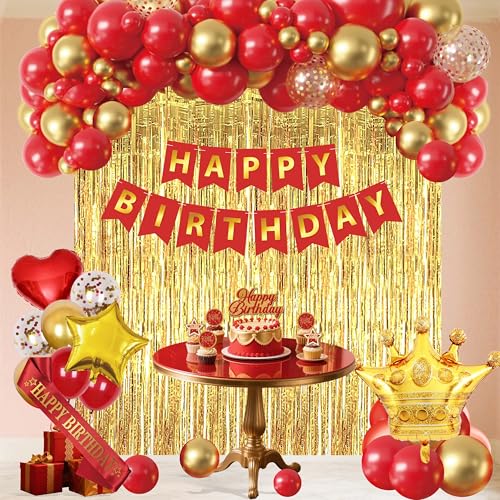 Red And Gold Birthday Decorations for Women Fringe Curtains Happy Birthday Banner Red balloons Cake Toppers for girls