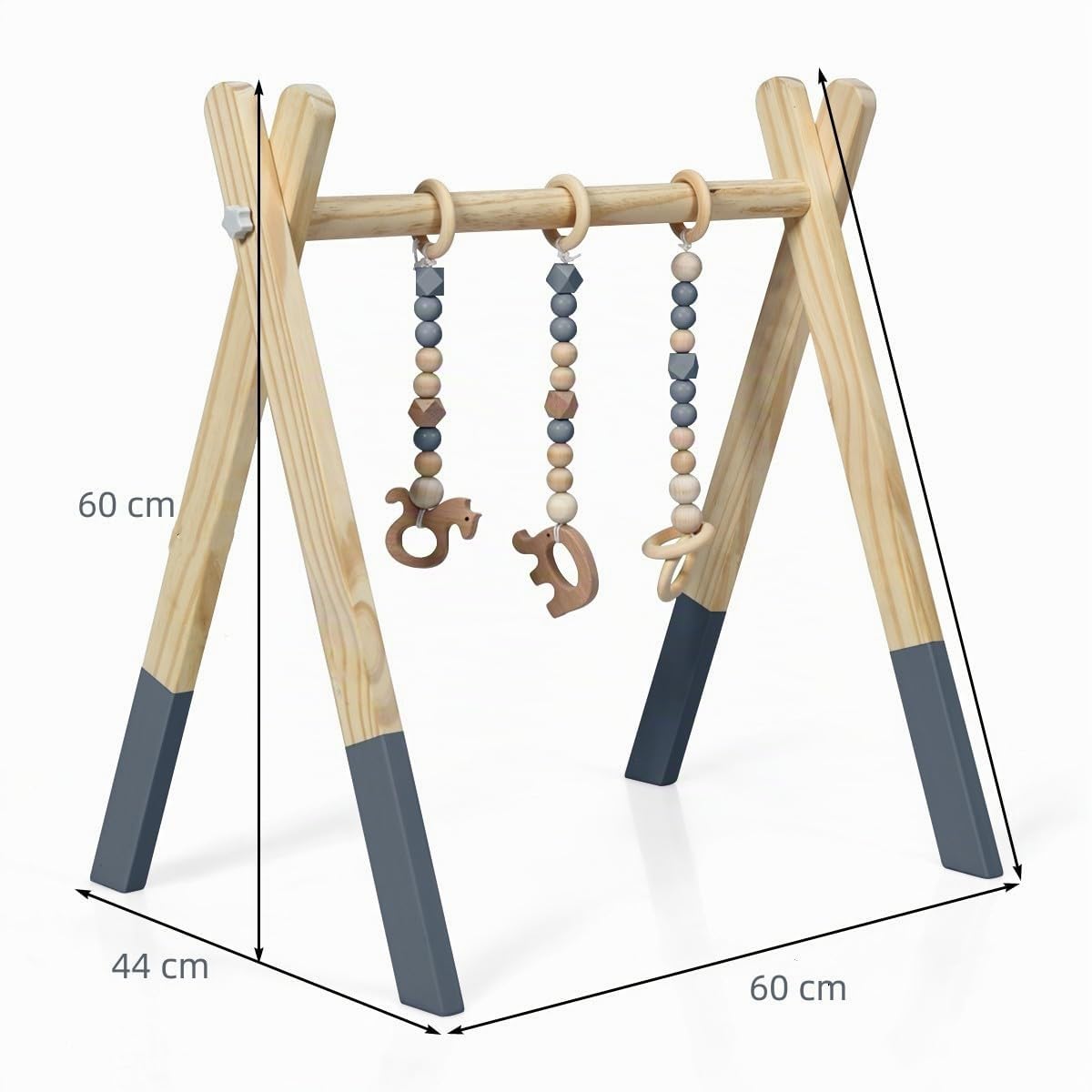 LIFEZEAL Gimnasio Bebé, arco de juego de madera para bebés, equipo de juego para bebés con 3 juguetes, gimnasio plegable para bebés a partir de 3 meses(Gris)