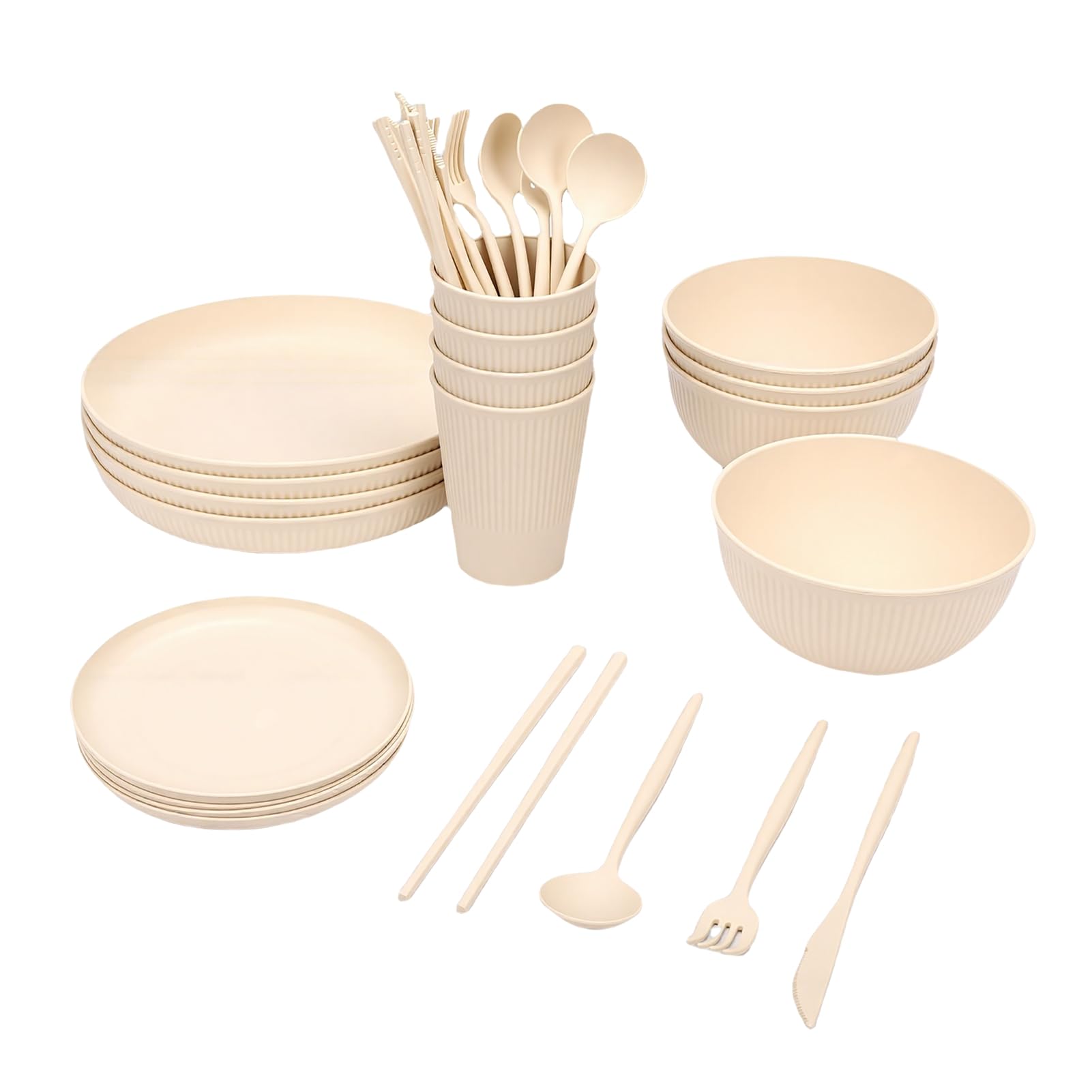 Rengue Juego de Vajilla para 4 Personas, Platos Ligeros Irrompibles, Cuencos, Cubiertos Reutilizables, Perfecto para el Hogar, Cocina, Picnic, Camping