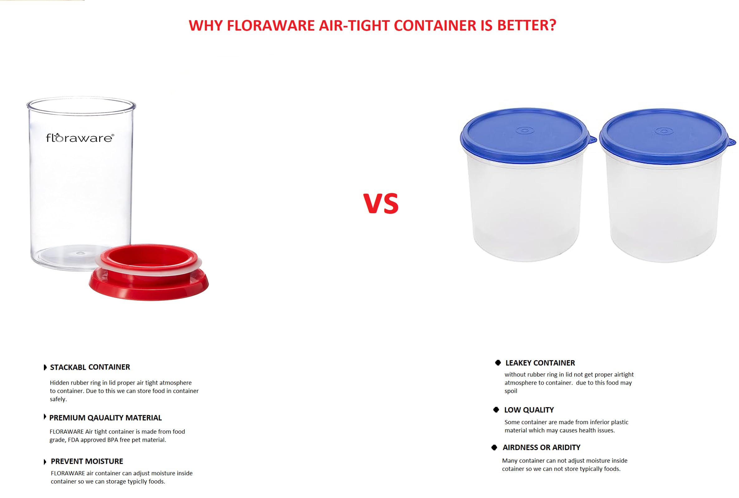 Floraware Contenedor hermético apilable multiusos apto para alimentos, 1400 ml, paquete de 2, sin BPA (rojo)