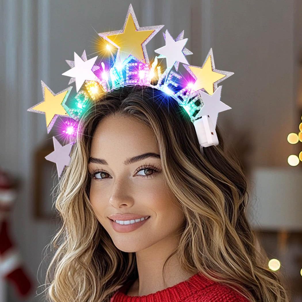 Reaky Light Up New Years Headbands Gold Star Headpiece Happy New Year Headband Christmas Accessories for Women (Silver, one size) - Image 4